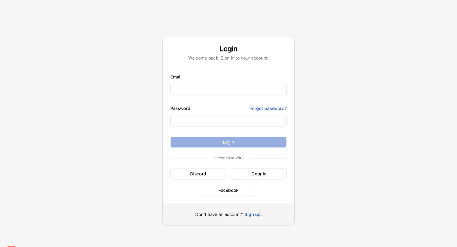 The public sign-in page with email and password fields and Discord, Google and Facebook buttons.