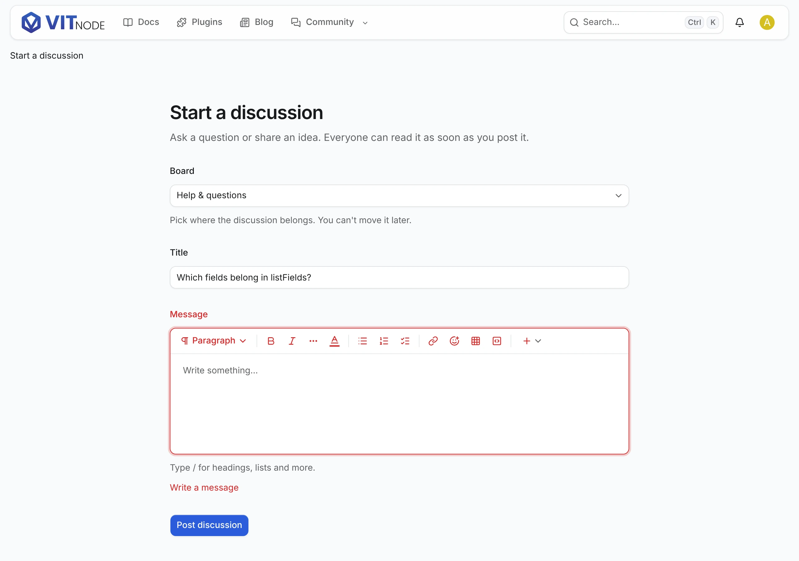 The Start a discussion form with a board, a title and an empty Message editor outlined in red under an error