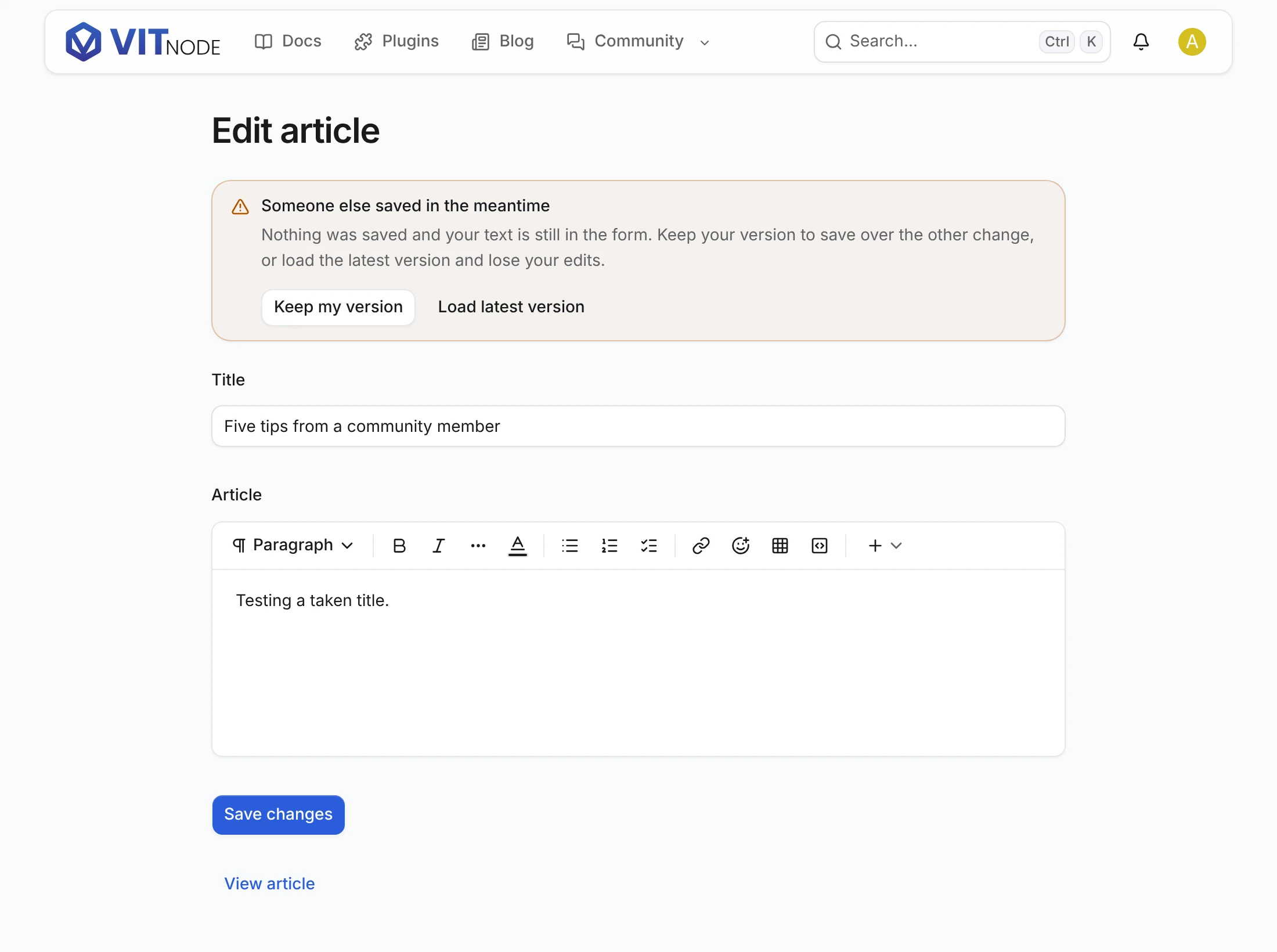 The Edit article page with the warning Someone else saved in the meantime, the buttons Keep my version and Load latest version, and the member's text still in the form