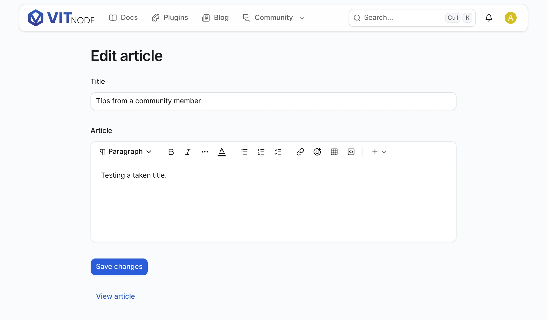 The Edit article page with the article's title and body in the form, a Save changes button and a View article link
