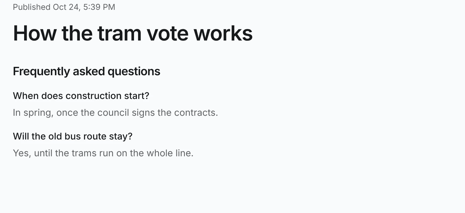 Public How the tram vote works explainer page with a Frequently asked questions section listing two questions and their answers