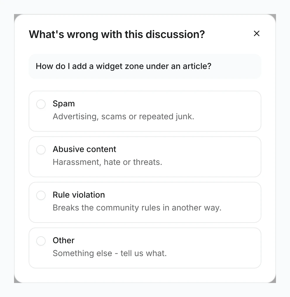 Report dialog titled What's wrong with this discussion?, with the discussion's title and the reasons Spam, Abusive content, Rule violation and Other