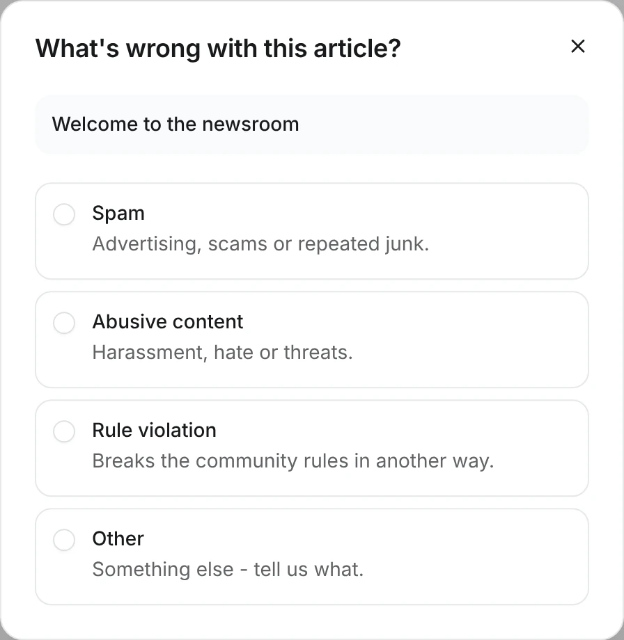 Report dialog titled What's wrong with this article?, with the article's title and the reasons Spam, Abusive content, Rule violation and Other