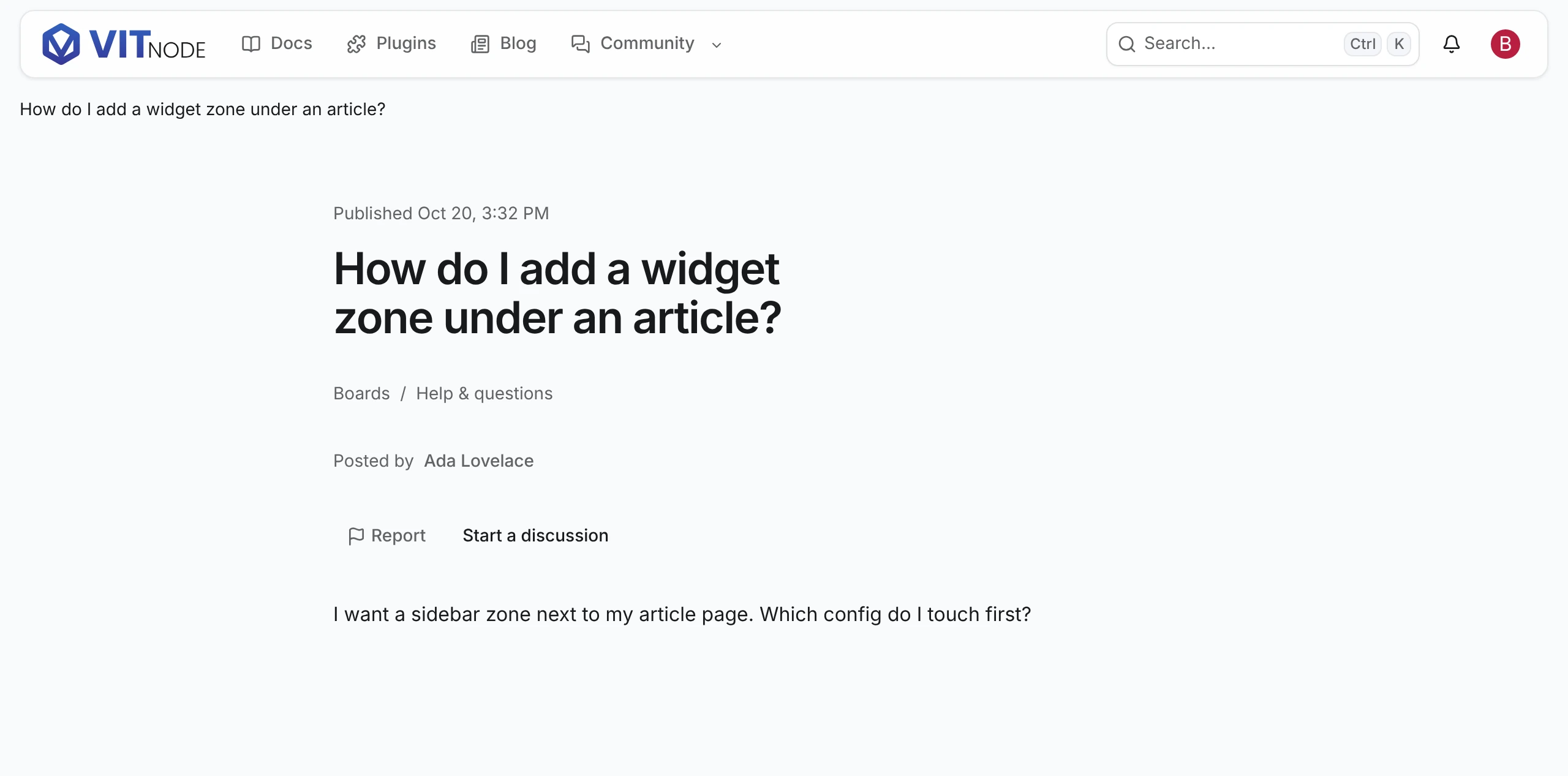 A discussion page with its board, author, a Report button and the message