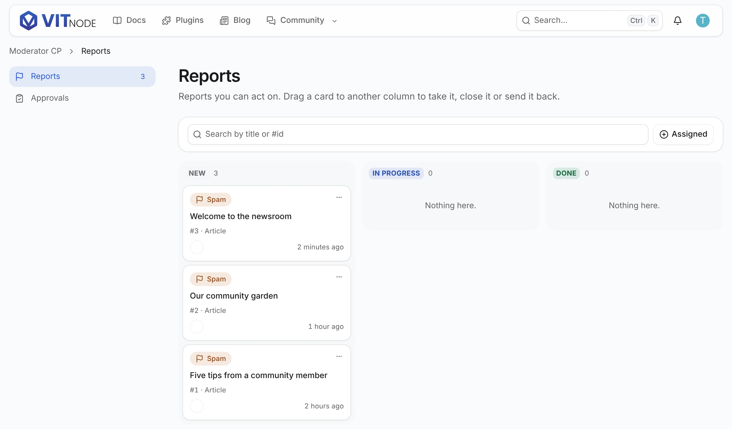 The ModCP Reports queue with three new Spam reports about articles, the newest about Welcome to the newsroom