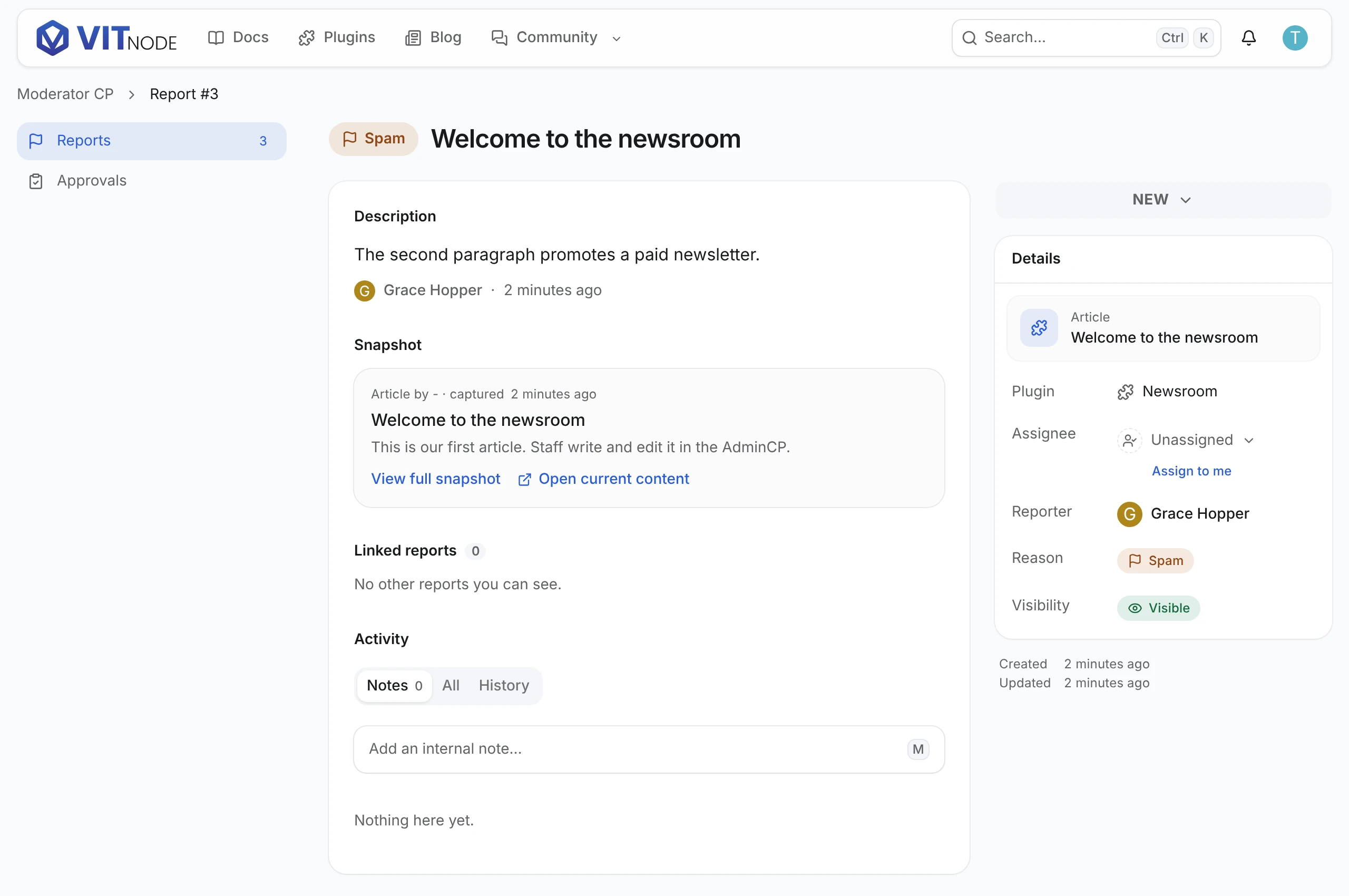 ModCP report #3 about the article Welcome to the newsroom, with the Spam reason, Grace Hopper's description, the article snapshot without an author and an Open current content link