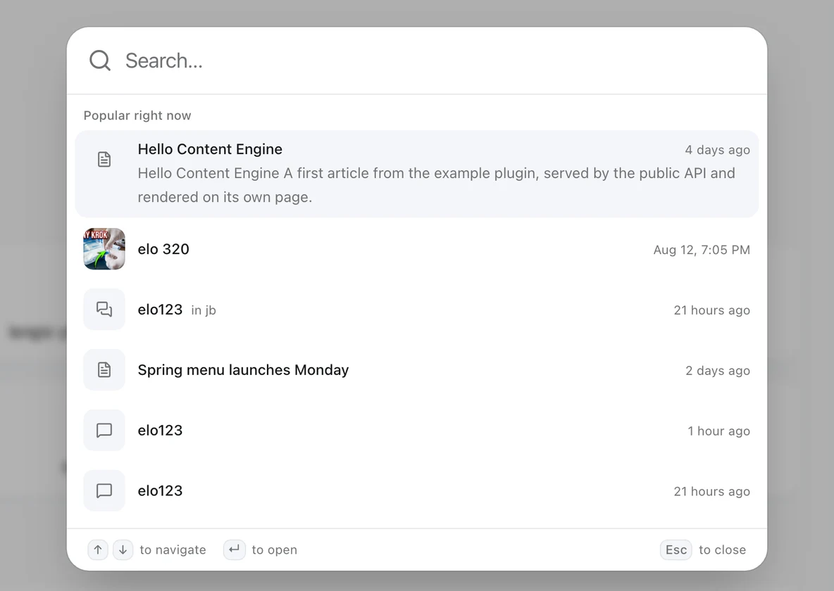 Search bar open over the page with an empty Search field and a Popular right now list: a forum topic with its forum name and excerpt, followed by articles and comments, each with a thumbnail or type icon and its date on the right, and keyboard hints at the bottom
