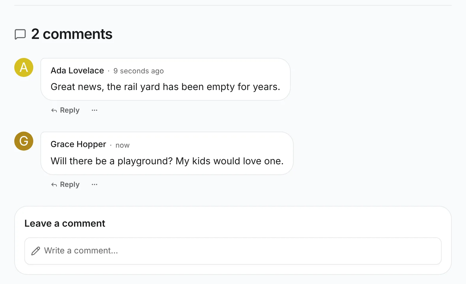 A comment section under a Newsroom article titled 2 comments, with comments by Ada Lovelace and Grace Hopper and a Leave a comment card with a Write a comment button