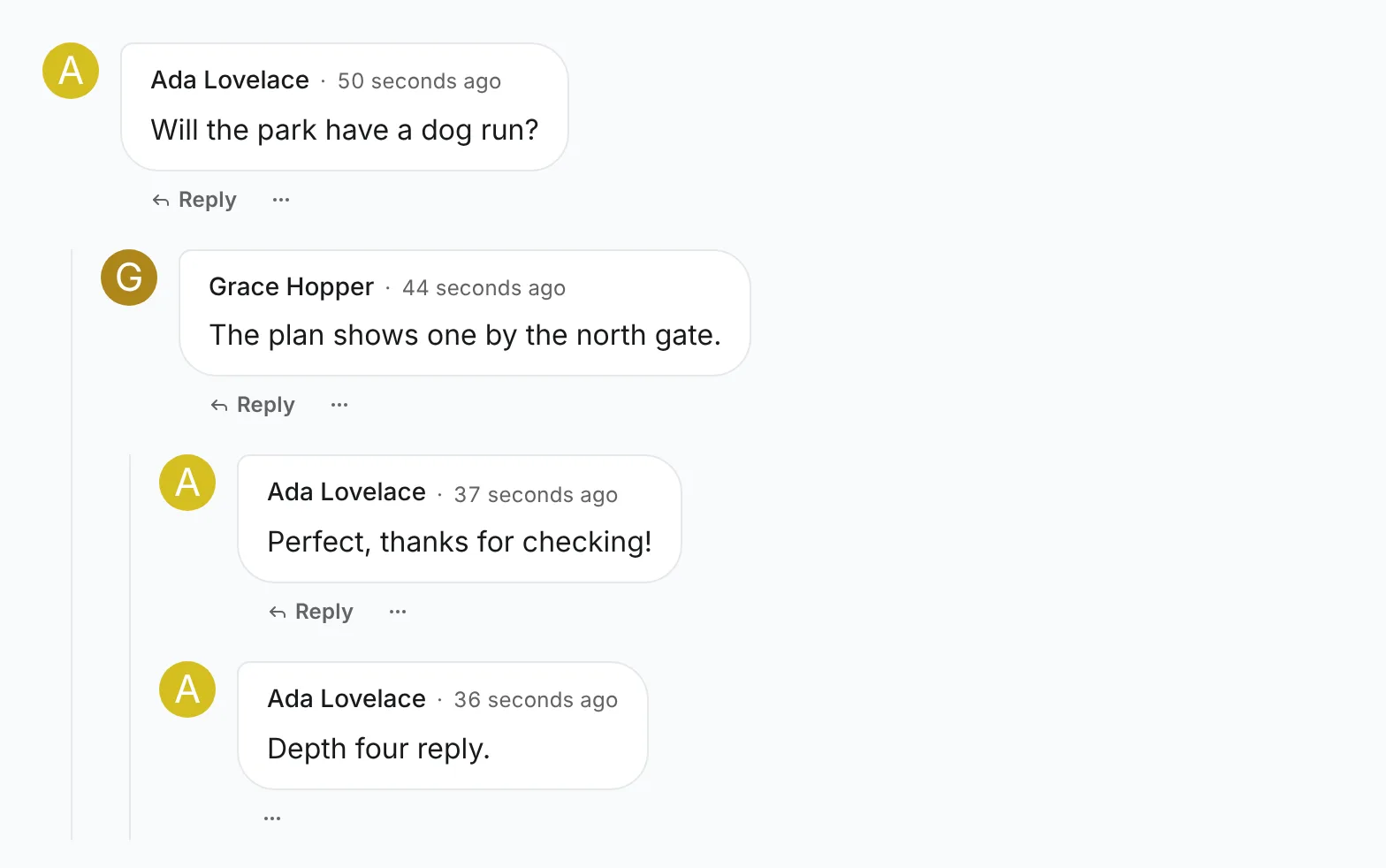 A comment by Ada Lovelace with an indented reply by Grace Hopper, a reply to that reply, and a fourth-level reply without a Reply button
