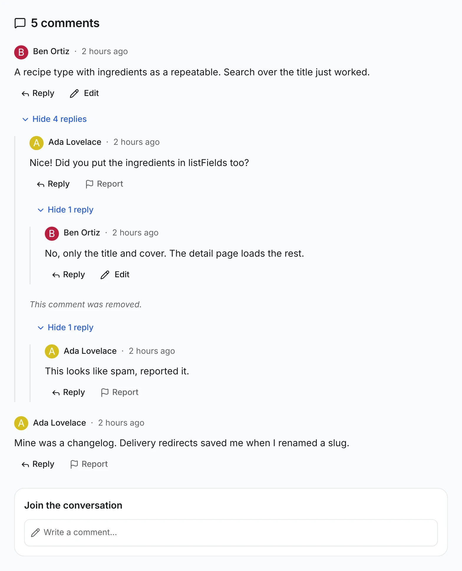 A forum comment thread titled 5 comments, with nested replies, Reply, Edit and Report buttons, and a This comment was removed placeholder that keeps its answer