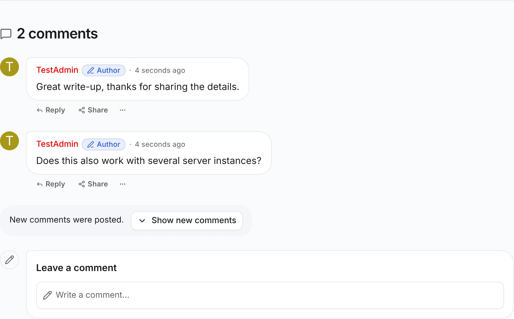 The end of a Blog plugin comment thread with a 'New comments were posted.' notice and a Show new comments button above the composer
